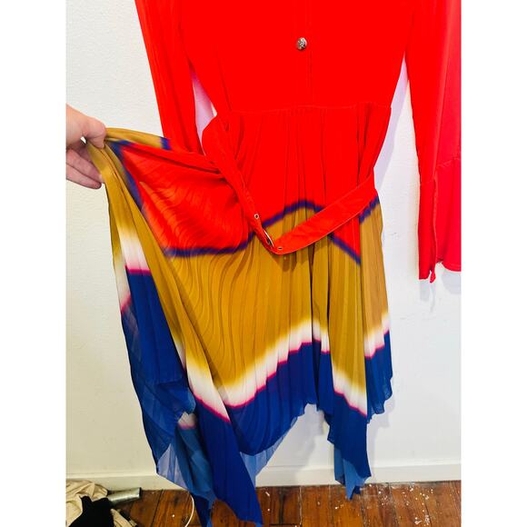 THEBE MAGUGU Red Gradient Asymmetric Pleated Cocktail Collared Chiffon Dress M - Picture 13 of 16